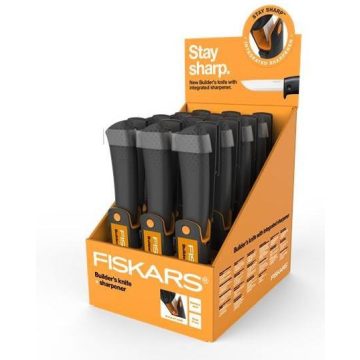   Fiskars Kés építőipari munkákhoz, tokba épített élezővel 12db displayben