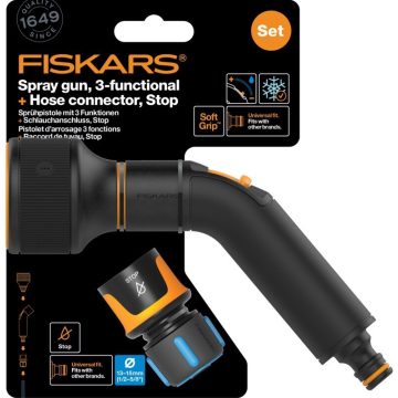   Fiskars Comfort locsolópisztoly, 3 funkciós + CF tömlőcsatlakozó 13-15mm, STOP