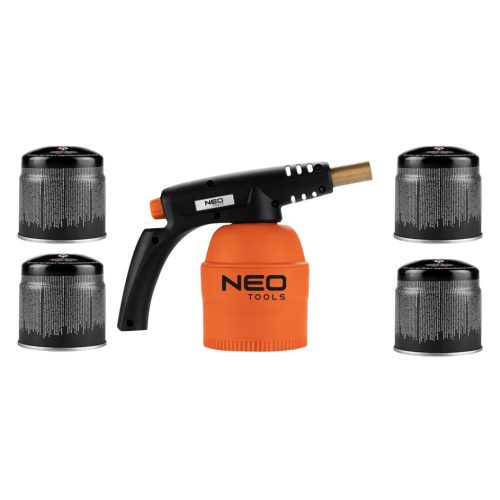 NEO TOOLS Gázforrasztó, perzselő, gázégő 4db tartállyal, 190g, szelepes tartállyal