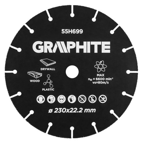 GRAPHITE Vágókorong, fához, műanyaghoz, volfrámkarbid, 230x22.2mm