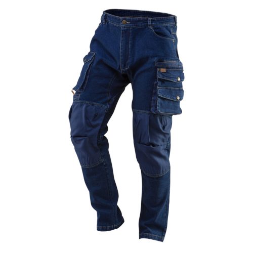 NEO TOOLS Farmer Munkásnadrág, DENIM, 98% pamut, térdvédő betét zsebbel, gombos oldalzsebekkel, 255 g/m2, M