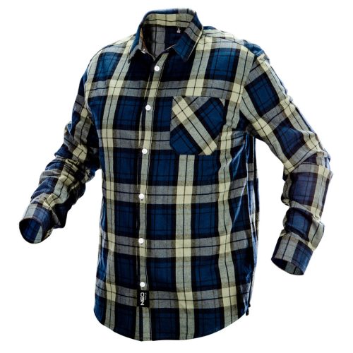 NEO TOOLS Flanel munkaing, kék-oliva-fekete, 100% pamut, L