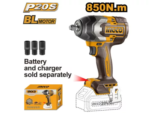INGCO Akkus ütvecsavarozó 1/2'; 850 Nm szénkefe nélküli 20 V (akku és töltő