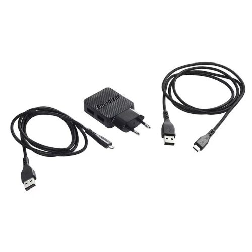 Energizer fali töltő 2x usb 2,4A  usb C Microusb kábel fekete