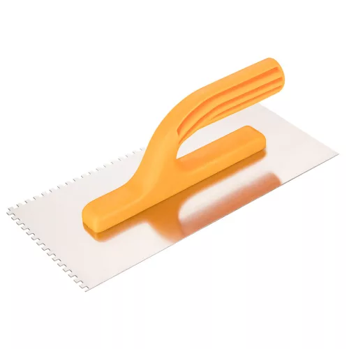 Acél simító, fogazott, rozsdamentes, 280x130mm, 4x4x4mm, műanyag markolat