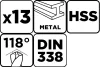 Csigafúró készlet, HSS, 13db-os, 1,5-6,5mm