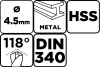 Csigafúró, HSS, hosszú, DIN340, 4,5mm, min.rendelés: 3db