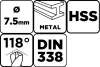 Csigafúró HSS, DIN338, 7.5mm, min. rendelés: 3db