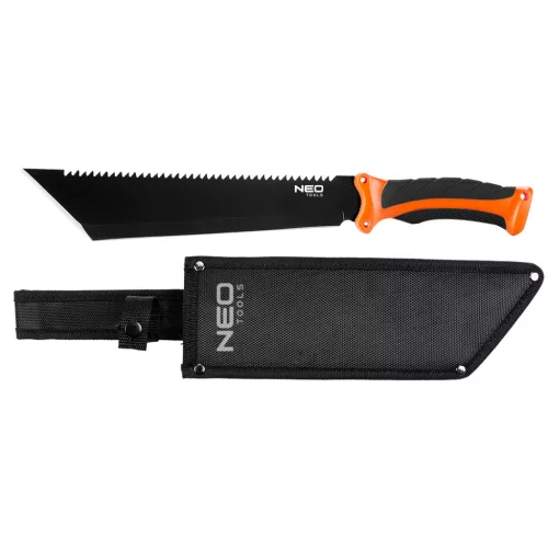 Bozótvágó kés, 40cm, rozsdamentes acél, kétkomponensű fogantyú TPR+PP, fűrész funkció, penge 25.5cm, tokkal