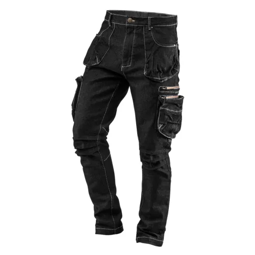 Farmer munkásnadrág, Denim, fekete, cipzáros oldalzsebekkel, 98% pamut, 410 g/m2, L
