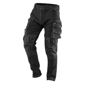   Farmer munkásnadrág, Denim, fekete, 98% pamut, térdvédő zseb, gombos oldalzsebek, 255 g/m2, S
