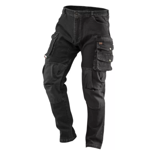 Farmer munkásnadrág, Denim, fekete, 98% pamut, térdvédő zseb, gombos oldalzsebek, 255 g/m2, XS