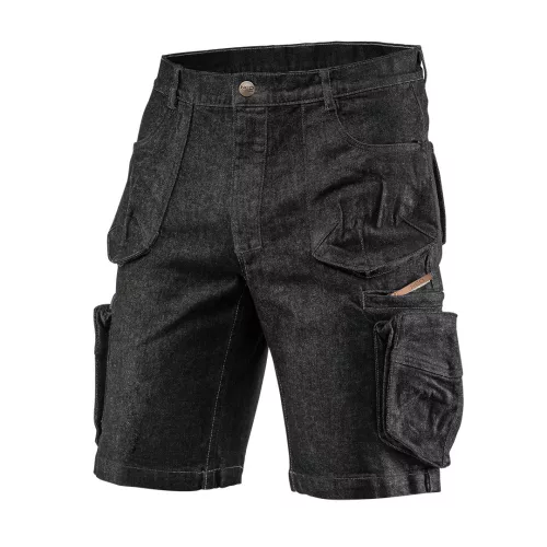 Farmer munkás rövidnadrág, Denim, fekete, cipzáros oldalzsebekkel, 98% pamut, 410g/m2, L