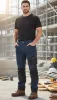 Farmer munkásnadrág, Denim, 82% pamut, Oxford szövet, térdvédő betét, cippzáras zsebek, kék-fekete, S