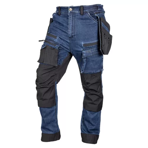 Farmer munkásnadrág, Denim, 82% pamut, Oxford szövet, Cordura betétek, cippzáras zsebek, kék-fekete, M