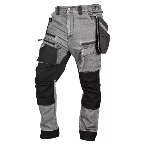 Farmer munkásnadrág, Denim, 82% pamut, Oxford szövet, Cordura betétek, cippzáras zsebek, szürke-fekete, S