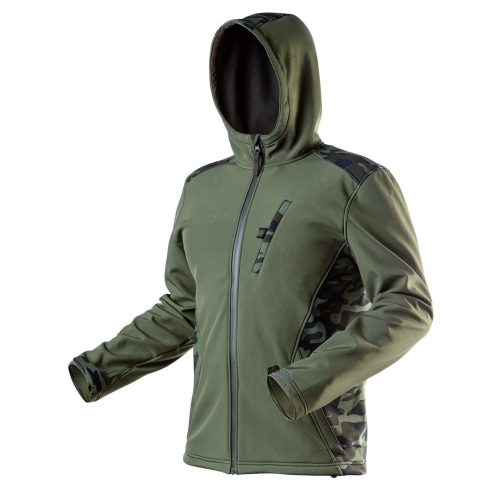 Terepmintás softshell munkavédelmi kabát, víz- és szélálló, kapucni, CAMO, vízáll: 5000mm, XL