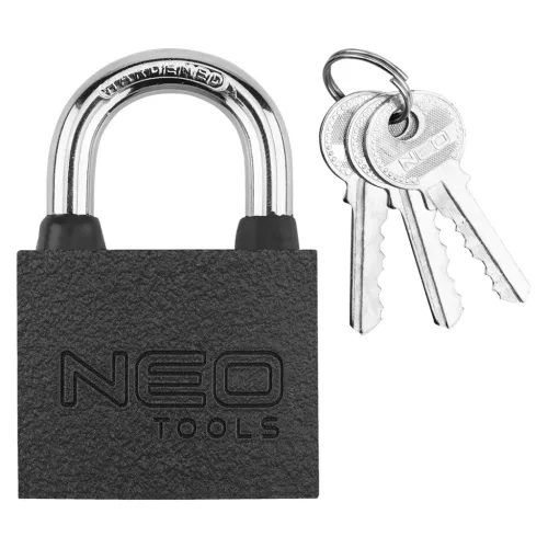 Lakat 60mm, festett öntvény-acél, időjárásálló, 3 kulccsal, NEO TOOLS