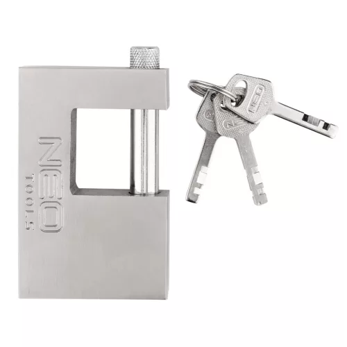 Lakat 90mm oldalcsapos, rézöntvény-acél, időjárásálló, 3 kulccsal, NEO TOOLS
