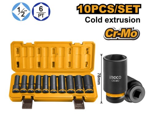 INGCO Hosszú gépi dugókulcs készlet 10 részes 1/2" 10-24 mm CrMo