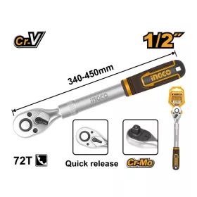   INGCO Racsnis hajtószár 1/2" 340-450 mm 72T teleszkópos CrV