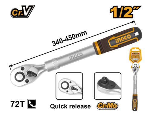 INGCO Racsnis hajtószár 1/2" 340-450 mm 72T teleszkópos CrV