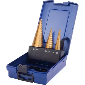   PTG lépcsős egyenes hornyú lemezfúró készlet HSS TiN 4-30 mm, 3 részes