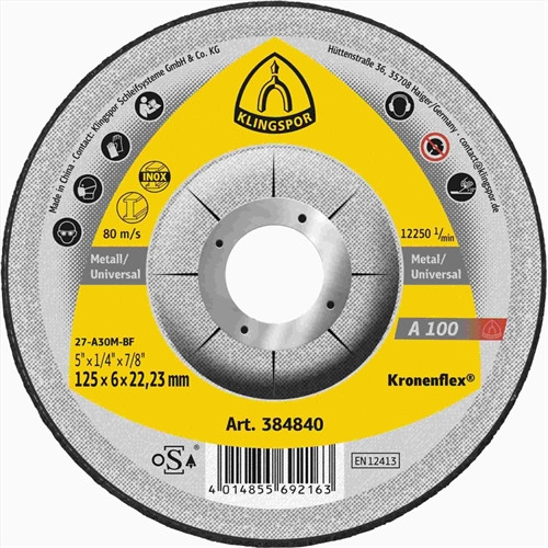 Klingspor Kronenflex A 100 Extra Csiszolókorongok, 125 x 6 x 22.23 mm domború