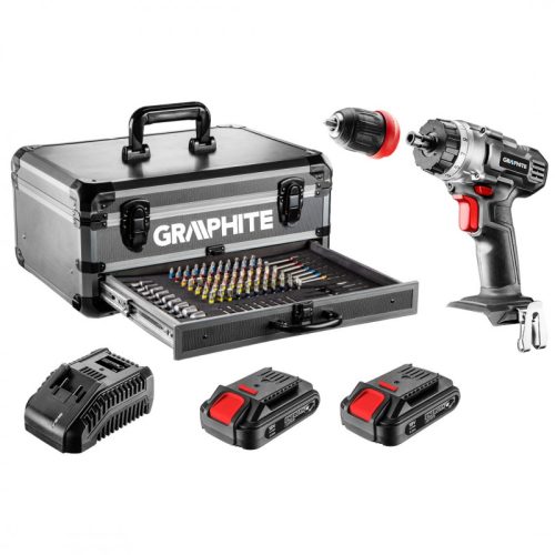 AKKUS FÚRÓ ENERGY GRAPHITE 58G022-PS-15 + 2x18V/2.0Ah, 10 mm + ALUMÍNIUM KOFFER + 109 KIEGÉSZÍTÕ
