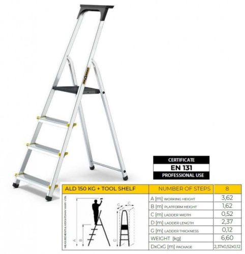 LÉTRA ALU professzionális háztartási 8 fokos+szerszámtálca+korlát  Drabest
